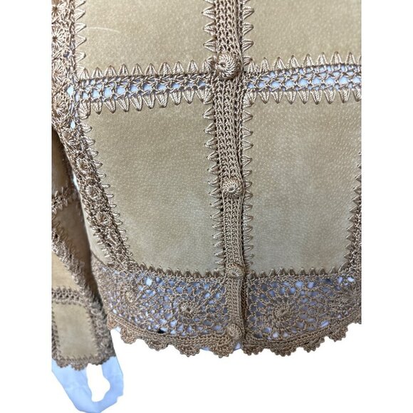 Vintage Overland Patchwork Cropped Jacket Women 8 Tan Suede Connected Crochet - Picture 4 of 11